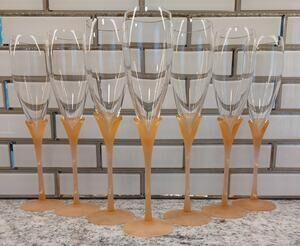 Vintage Colony Amaryllis Coral Satin Champagne Flutes Set (7) Peach Frosted Stem